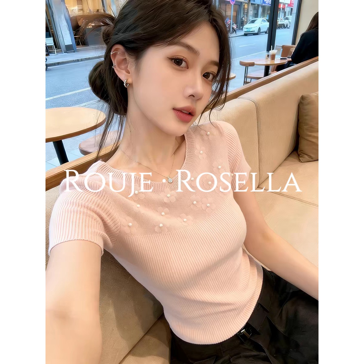 法国Rouje Rosella优雅迷人立体花朵针织衫女夏短袖修身上衣