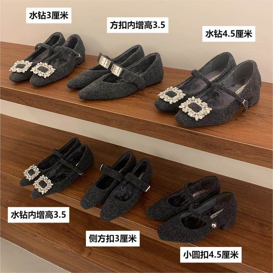 香港灰色水钻粗跟玛丽珍鞋女冬外穿新款方头呢子单鞋加绒保暖棉鞋