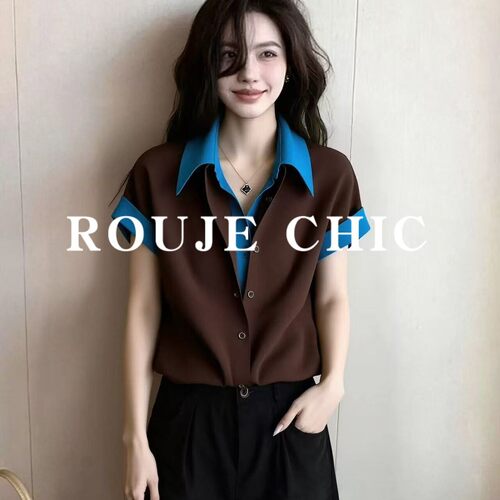 法国rouje chic高级感Polo领撞色假两件衬衫女夏季设计感短袖T恤