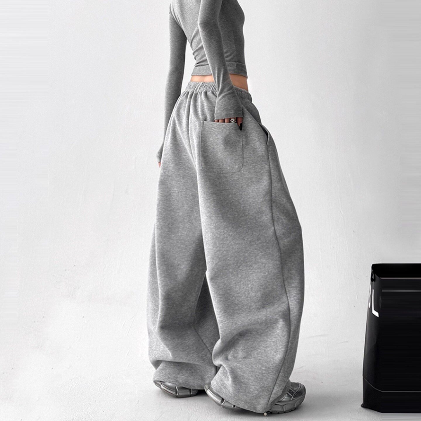 Ader灰色加绒加厚卫裤女2025秋冬美式高腰宽松休闲运动裤阔腿裤子