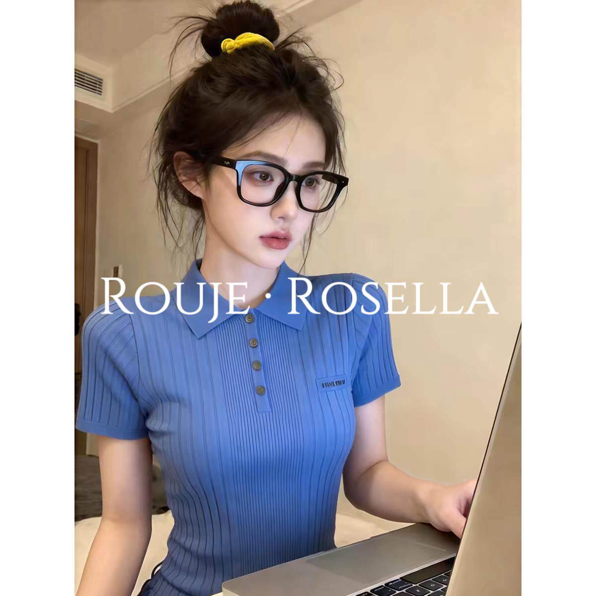 法国Rouje Rosella宝藏推荐蓝色polo领短袖t恤女夏修身正肩上衣