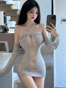 纯欲针织连衣裙性感短款 辣妹修身 设计感长袖 御姐风秋季 毛衣裙 新款