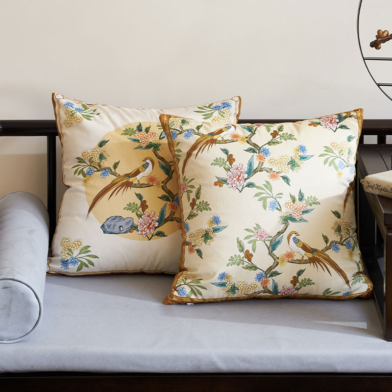 冉忆花鸟中式抱枕沙发车载午睡护腰靠垫简约床头靠背中国风腰枕套
