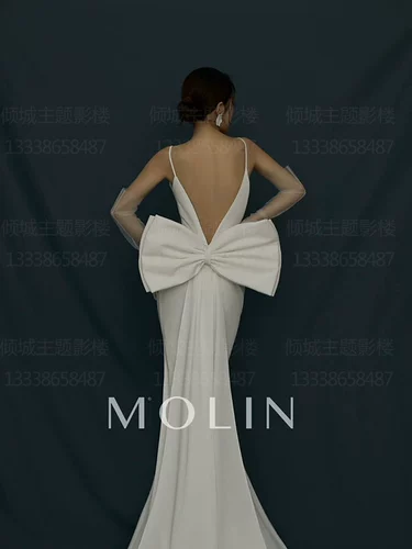 Свадебное платье для влюбленных с бантиком, с открытой спиной, крой «рыбий хвост», эффект подтяжки