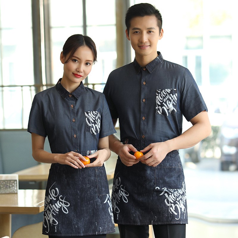 牛仔衬衣服务员工作服短袖夏装餐饮餐厅酒店饭店中式夏季员工制服