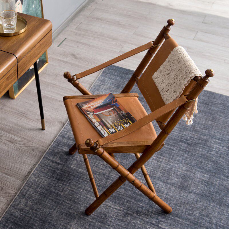 慕芮雅北欧实木折叠椅子真皮狩猎椅设计师复古休闲扶手椅阳台躺椅