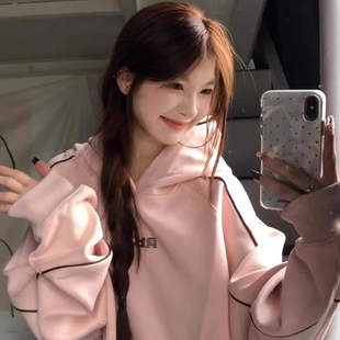 MDCW米兰风重磅纯棉粉色连帽卫衣女2025年秋冬季小众加绒加厚外套