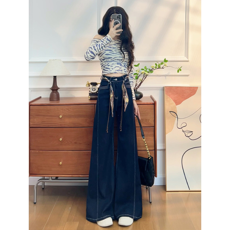 英国DHWA阔腿牛仔裤女款秋季宽松时尚弹力慵懒丹宁蓝直筒裤