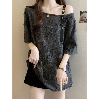 英国DGKP大码遮肚子美式复古斜肩短袖打底衫女装夏季显瘦宽松上衣