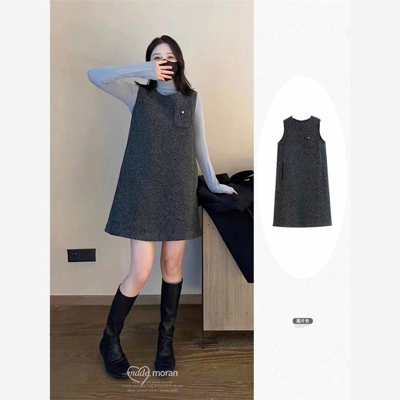 NextMary法式毛呢背心连衣裙女韩国秋冬高级感无袖小香风打底裙子