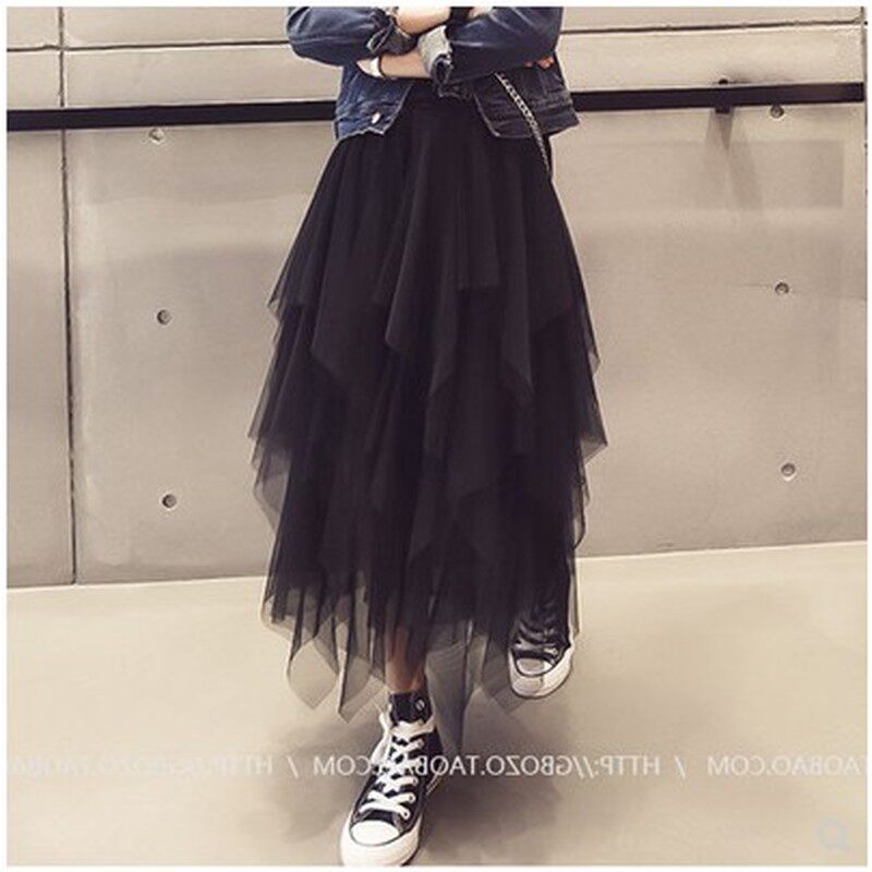 香港 春秋高腰显瘦蓬蓬裙百搭a型中长款不规则纱裙网纱裙子半身裙