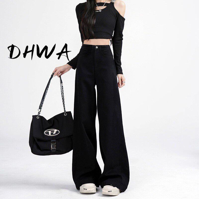 DHWA黑色阔腿牛仔裤女春秋高腰垂感宽松显瘦直筒喇叭拖地裤小个子