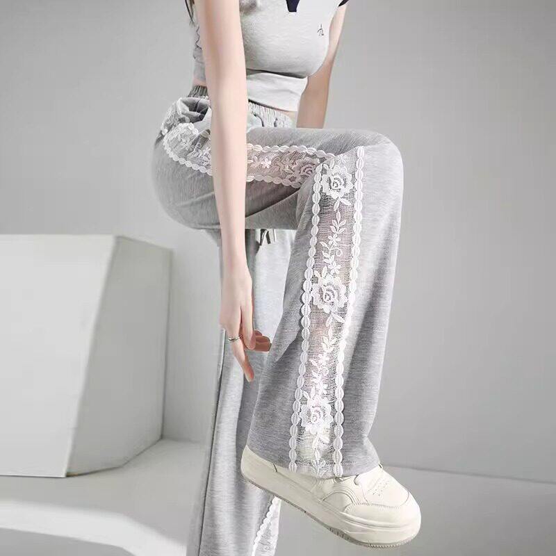 MDCW米兰风冰丝阔腿裤女2026夏季薄款蕾丝花边女运动直筒防晒裤