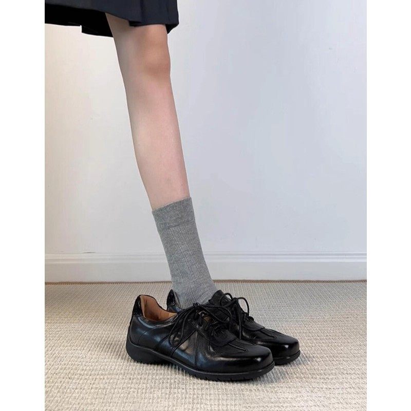 法国Uamtor羊皮版文艺复古方头系带德训鞋芭蕾黑色真皮百搭小皮鞋