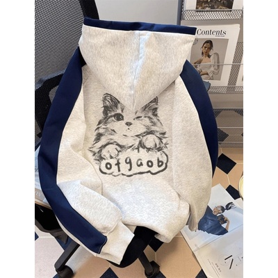 英国DHWA猫咪印花连帽卫衣女秋冬新款2025撞色拼接上衣