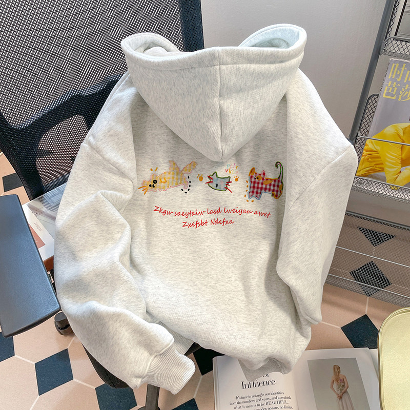 米兰风MDCW秋冬加绒加厚宽松慵懒风卫衣女初中生甜美减龄连帽上衣