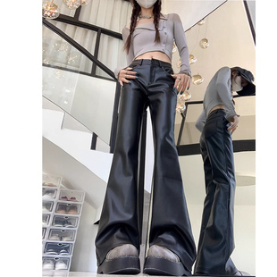 高腰加绒休闲直筒喇叭拖地裤 新款 女冬季 MDCW米兰风黑色微喇皮裤