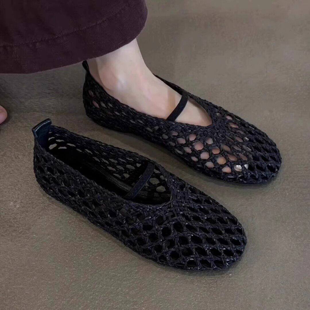 法国GUA3 THREE法式复古镂空编织平底鞋女夏季包头外穿罗马凉鞋子