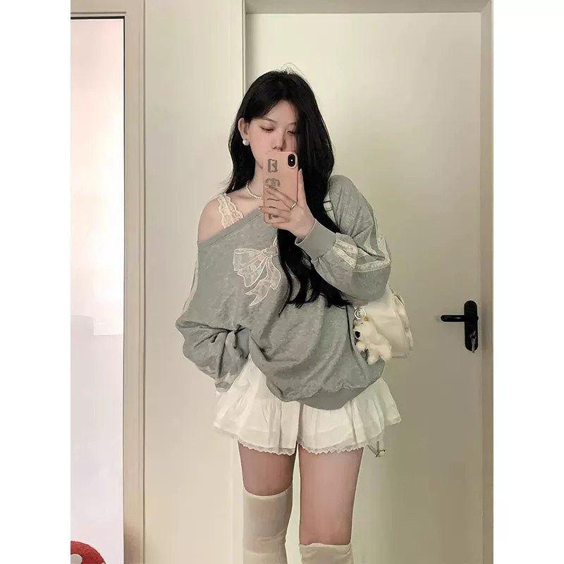 DGKP美式蕾丝蝴蝶结斜肩卫衣女春秋季宽松慵懒风露肩长袖上衣