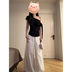 t恤女2025夏季 Next Road美式 黑色斜肩短袖 一字肩露肩上衣設(shè)計(jì) 新款