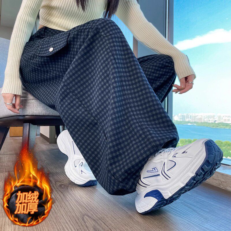 英国DHWA藏青色毛呢格子弯刀工装裤女秋冬阔腿休闲加绒窄版运动裤
