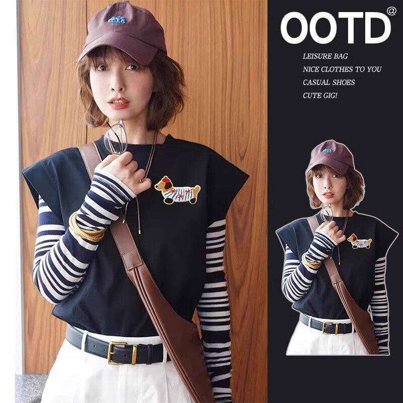 Native road黑色条纹长袖T恤女2026早春季选款卡通印花两件套潮