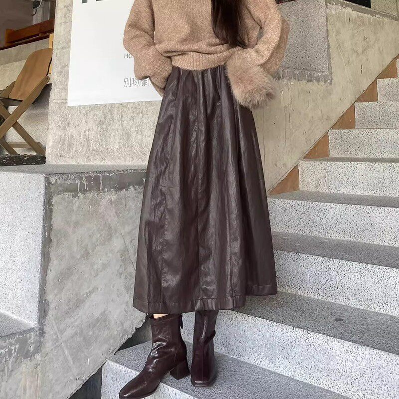 法国G·T棕色皮裙女半身裙长裙秋冬季百搭气质a字包臀中长款伞裙