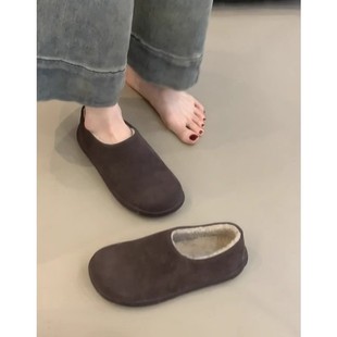 法国Uamtor牛皮版真皮厚底复古一脚蹬勃肯鞋女2025秋冬加绒毛毛鞋