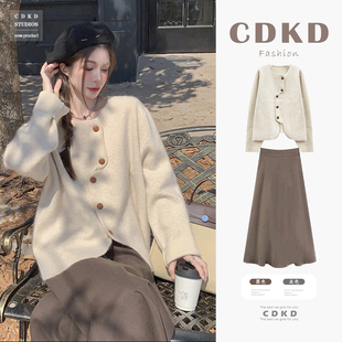 英国DGKP秋冬季女装茶系穿搭新年过年衣服一整套森系搭配连衣裙子