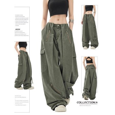 英国DGKP美式军绿色工装裤女秋季设计感宽松显瘦阔腿裤休闲伞兵裤