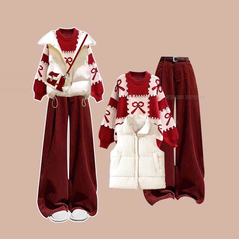 英国DHWA红色新年过年套装高腰女款秋冬季马甲毛衣休闲裤三件套装