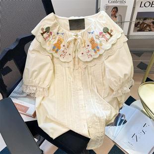 甜美蕾丝花边上衣 Next Road森系复古刺绣小熊可爱短袖 衬衫 女夏季