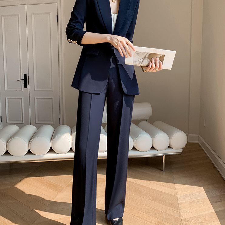黑色西装外套女2024新款春秋高级感阔腿裤职业套装正装休闲两件套