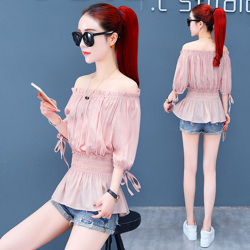一字肩露肩短袖雪纺衫女夏时髦气质收腰流行上衣韩版百搭洋气小衫|ruв категории Женская одежда, кружева свитер/шифон рубашка - от Buy2taobao.com для оказания профессиональной услуги покупки агента Taobao