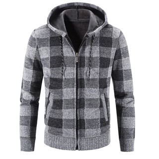 2021 sweatermen plus velvet plaid color block hooded cadigan