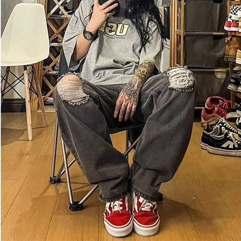 가을 겨울 남성용 워싱 및 디스트레스드 아메리칸 하이 스트리트 찢어진 청바지 루즈하고 트렌디하며 활용도가 높은 레트로 와이드 레그 바닥 길이 바지