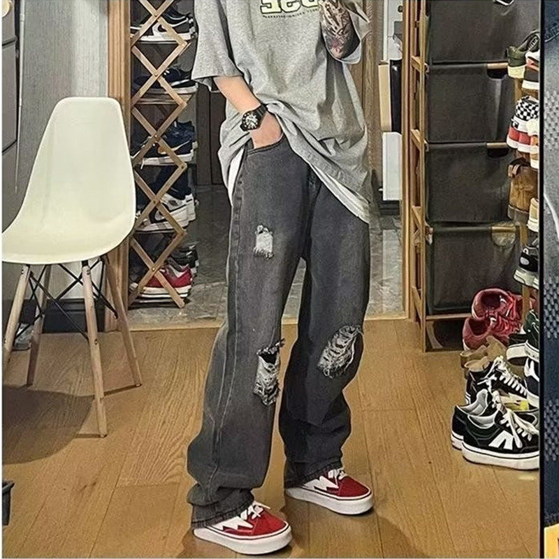 가을 겨울 남성용 워싱 및 디스트레스드 아메리칸 하이 스트리트 찢어진 청바지 루즈하고 트렌디하며 활용도가 높은 레트로 와이드 레그 바닥 길이 바지