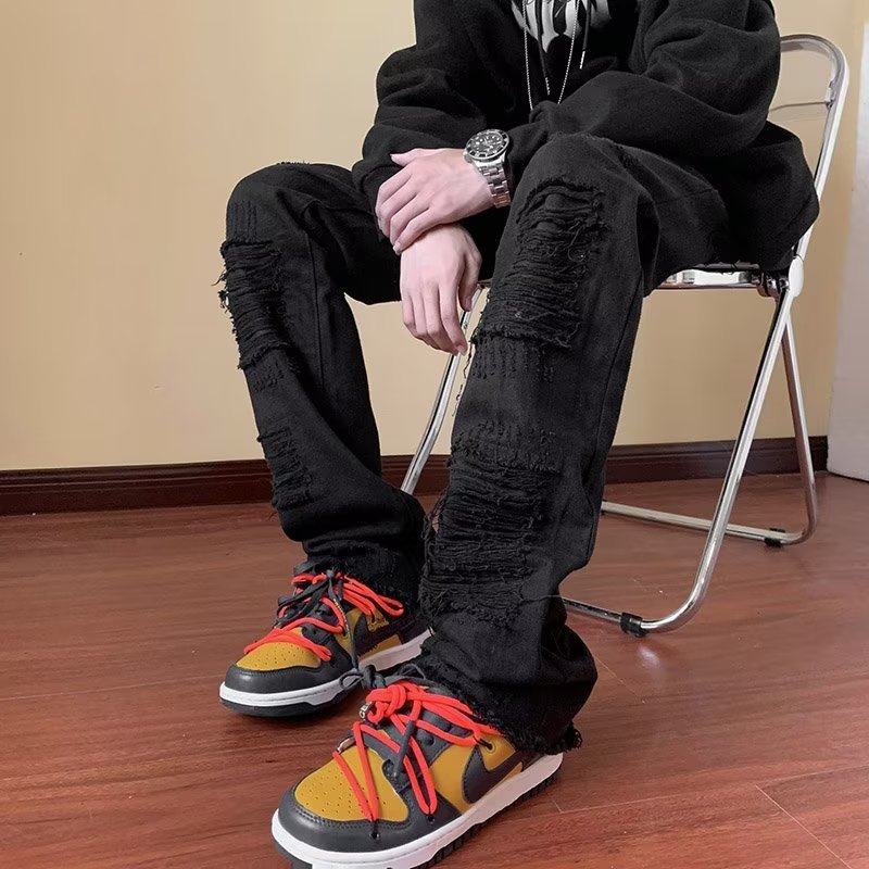 아메리칸 바이브 스트리트 레트로 워싱 찢어진 청바지 남성 가을 겨울 트렌디 하이스트리트 로우엣지 살짝 플레어 롱팬츠