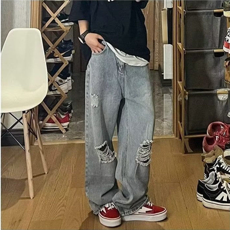 가을 겨울 남성용 워싱 및 디스트레스드 아메리칸 하이 스트리트 찢어진 청바지 루즈하고 트렌디하며 활용도가 높은 레트로 와이드 레그 바닥 길이 바지