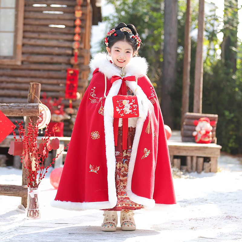 女童披风汉服儿童外出披肩加绒加厚中国风小女孩新年喜庆斗篷冬季