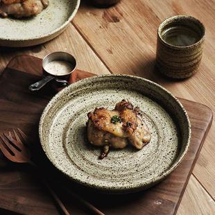 日式 沙拉盘 复古汤盘圆形深盘餐厅家用菜盘日式 料理圆盘西餐盘个性