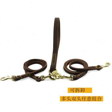 狗狗一拖二牵引绳双头防缠绕纯牛皮中小型犬柯基泰迪专用遛狗绳子