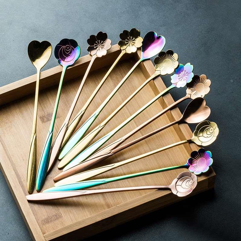 玫瑰金不锈钢甜品勺水杯小勺 创意花形勺子餐厅家用下午茶咖啡勺