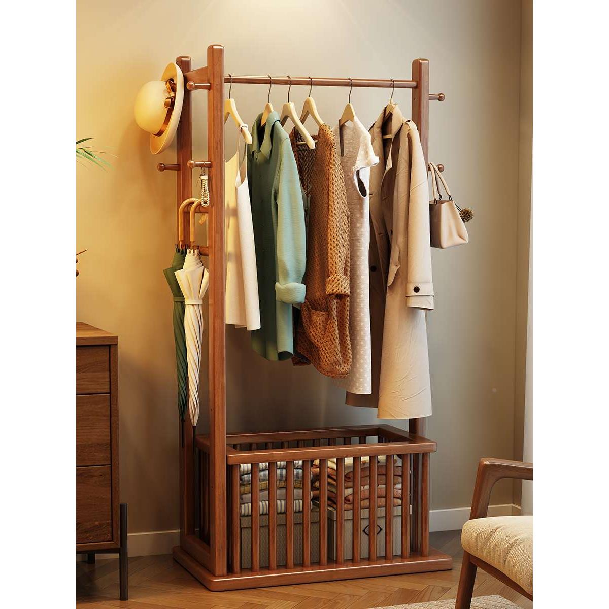 实木衣帽架落地卧室家用脏衣篓置物架房间进门挂衣架不占地收纳架