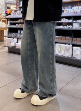 2025春秋美式高街阔腿弯刀牛仔裤男水洗阔腿做旧香蕉裤直筒裤男