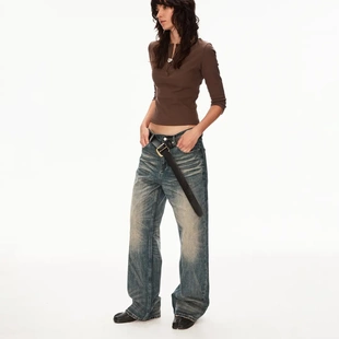 MADWITCH复古高街水洗猫须做旧牛仔裤男女宽松直筒痞帅设计感裤子