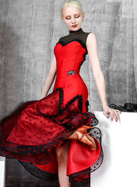 又见梵羽国标舞演出服大摆长裙摩登鱼骨裙红色喜庆表演服秋TL631