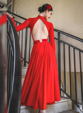 梵羽高端贴钻露背摩登红色比赛服国标舞大摆练功服狐步快步ADL232