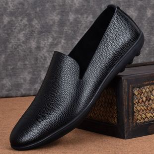男真皮黑色头层牛皮软底套脚一脚蹬开车豆豆鞋 意大利手工单层皮鞋