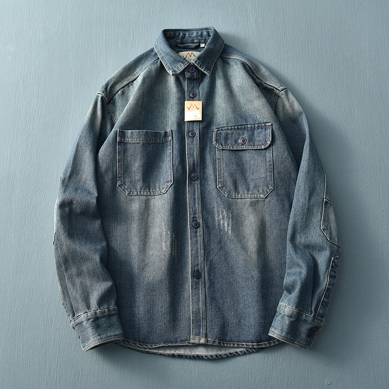 Mostarsea~日系高品质 水洗厚实工装牛仔衬衫男宽松大码长袖衬衣